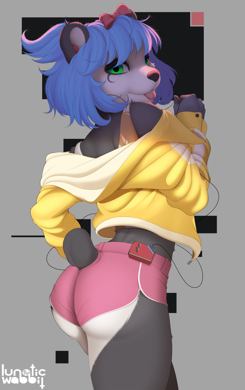 absurd_res anthro blue_hair bottomwear butt cassette_player clothed clothing earbuds female giant_panda greyscale_background hair headphones hi_res jacket lunaticthewabbit mammal nuwa_nightstone shorts solo topwear ursid yellow_clothing yellow_jacket_(clothing) yellow_topwear