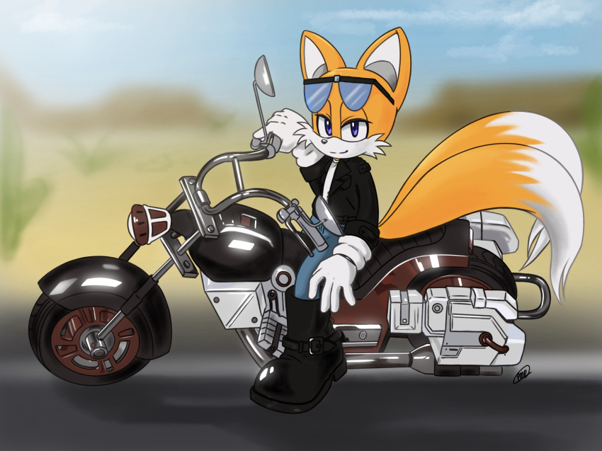 2_tails alternate_costume anthro biker blue_bottomwear blue_clothing blue_pants bottomwear canid canine cheek_tuft clothed clothing denim denim_clothing eyewear eyewear_on_head facial_tuft footwear fox fully_clothed hi_res jacket jeans leather leather_clothing leather_jacket leather_topwear male mammal miles_prower motorcycle multi_tail pants pepamintop purple_eyes sega shirt smile solo sonic_the_hedgehog_(series) sunglasses sunglasses_on_head topwear tuft vehicle video_games white_clothing white_shirt white_topwear