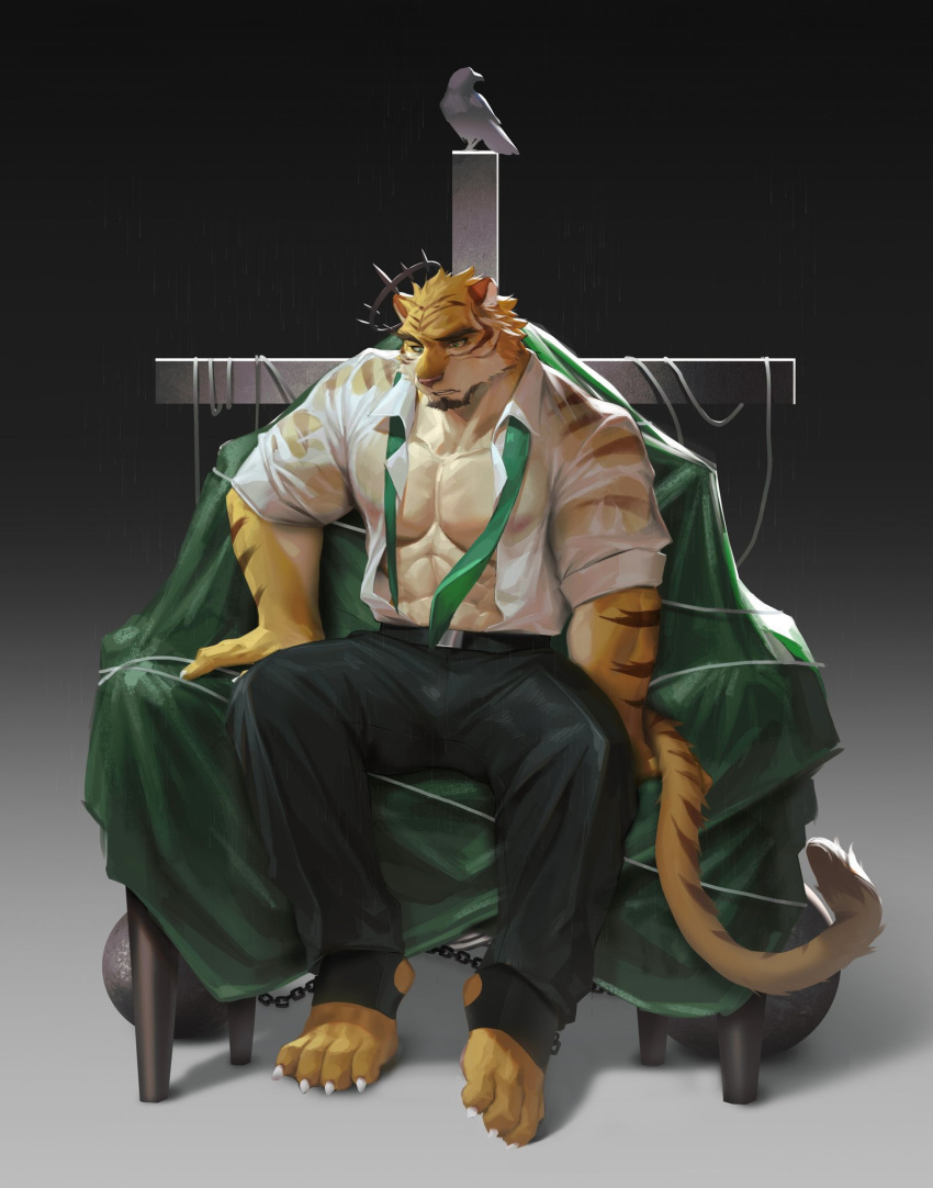 abs anthro clothed clothing felid fur hi_res male mammal muscular muscular_anthro muscular_male pantherine partially_clothed pecs solo stripes tiger wball wet wet_clothing