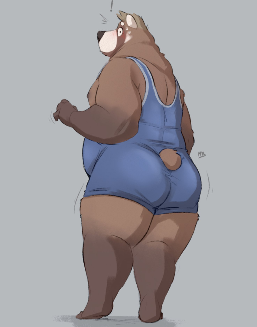 ailurid anthro butt hi_res hybrid looking_at_viewer looking_back male mammal minedoo minedoo_(character) moobs nipples overweight overweight_male red_panda solo tail_tuft thick_thighs tuft ursid wrestling_singlet