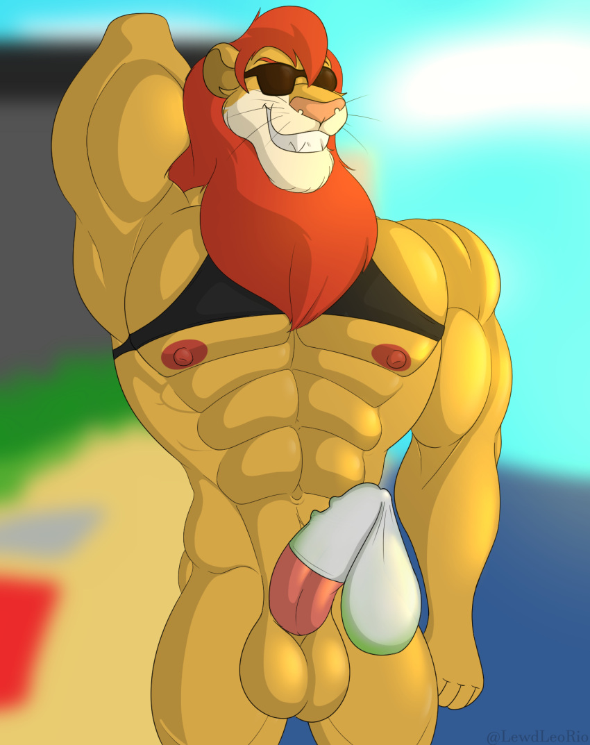 abs anthro balls beach biceps bodily_fluids clothed clothing condom cum d.a.r.e. daren erection eyewear felid filled_condom genital_fluids genitals grin hi_res humanoid_genitalia humanoid_penis klr-rio lion male mammal muscular muscular_anthro muscular_male nipples pantherine pecs penis seaside sexual_barrier_device shirt smile solo sunglasses topwear wearing_condom