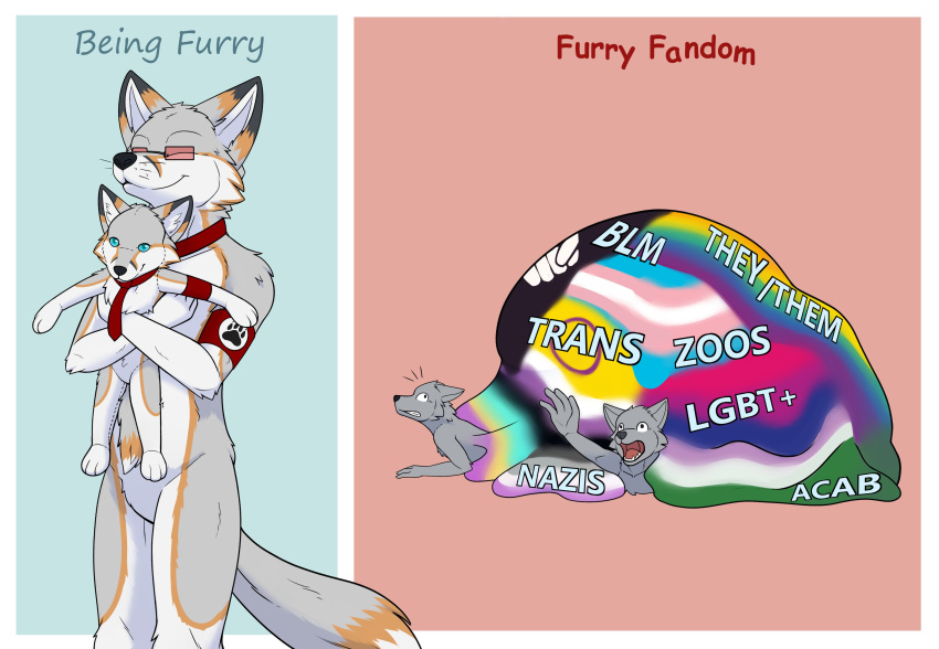 absurd_res acab ambiguous_gender anthro armband asexual_pride_colors bisexual_pride_colors blob_(disambiguation) canid canine drama english_text eyewear featureless_crotch fox foxler_nightfire genderqueer_pride_colors glasses hi_res hug humor intersex_pride_colors lgbt_pride male mammal nazi nazi_armband nazifur necktie nonbinary_pride_colors nude pansexual_pride_colors plushie pride_colors pronouns rainbow_flag rainbow_pride_flag rainbow_symbol sfw_nudity six-stripe_rainbow_pride_colors smile struggling text transgender_pride_colors two_panel_image unknown_artist whiskers