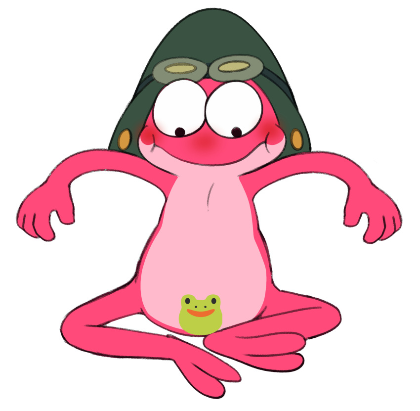 amphibia_(series) amphibian blush censored clothing creative_censorship disney eyewear frog goggles hat headgear headwear hi_res lightytheyoshi looking_down male nude red_body sitting solo sprig_plantar