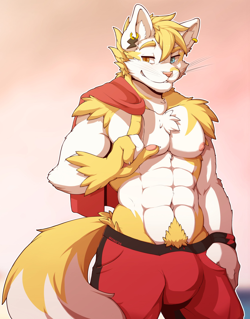 2016 5_fingers abs anthro barazoku biceps blonde_hair blue_eyes brown_eyes bulge clothed clothing domestic_cat ear_piercing felid feline felis fingers fur furloid gradient_background hair heterochromia hi_res hoodie looking_at_viewer male mammal multicolored_body multicolored_fur muscular muscular_anthro muscular_male myiko nipples pawpads pecs piercing pubes simple_background solo swimwear topless topwear two_tone_body two_tone_fur utau waltt white_body white_fur wristband yellow_body yellow_fur