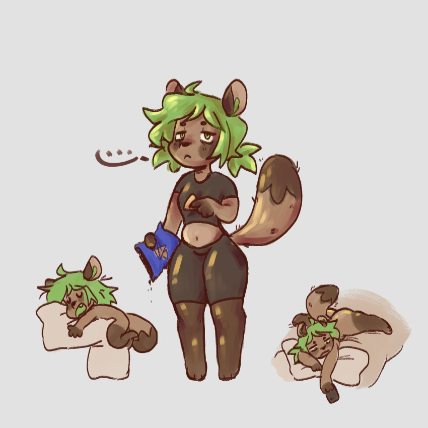 1:1 anthro ass_up bottomwear breasts butt canid canine clothing doritos female frito-lay fur green_eyes green_hair hair hi_res humanoid mammal mino neet nude pillow procyonid raccoon raccoon_dog raysbasements sleeping small_breasts solo tan_body tan_fur tanuki thick_tail thick_thighs tight_bottomwear tight_clothing tight_fit tired