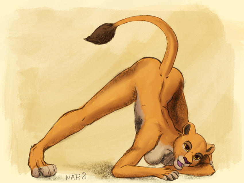anthro ass_up breasts butt disney felid female fur fuzzymaro jack-o'_pose kiara lion looking_at_viewer mammal nude open_mouth pantherine pose sketch solo tail_tuft tan_body tan_fur the_lion_king tuft yellow_sclera