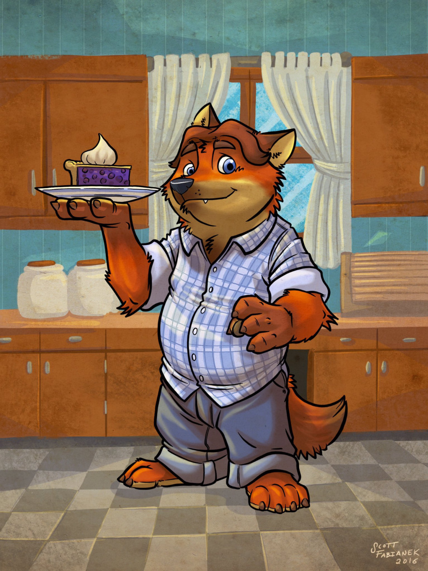 2016 anthro black_nose bottomwear canid canine clothing cute_fangs dessert detailed_background disney food fox gideon_grey hi_res k-9 kitchen male mammal pants pie shirt slightly_chubby solo topwear zootopia