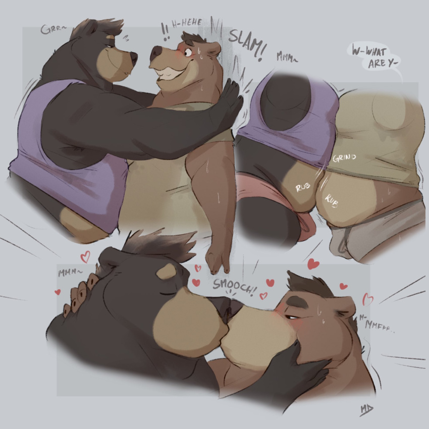 &lt;3 1:1 anthro bellies_touching belly blush bulge clothing dialogue duo hair hi_res kissing male male/male mammal minedoo overweight overweight_male shirt smile sound_effects t-shirt tank_top topwear underwear ursid