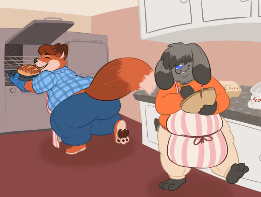 2016 anthro apron big_butt bottomwear butt canid canine clothing cooking disney duo eyes_closed fox gideon_grey kitchen kitchen_utensils lagomorph leporid long_ears male mammal overweight overweight_male pants rabbit samael scut_tail shirt tools topwear zootopia