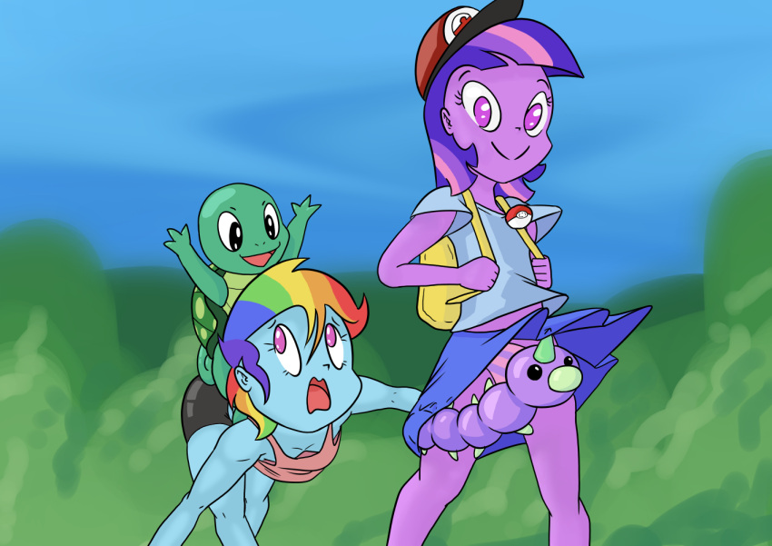 alternate_species blue_body blue_skin braless breasts climbing_on clothing colored_pupils crossover falling female feral flat_chested friendship_is_magic group hair happy_harvey hat headgear headwear human looking_at_viewer looking_down looking_up loose_shirt male mammal multicolored_hair my_little_pony nintendo open_mouth panties phone_drawing pink_eyes plant pok&eacute;ball pok&eacute;mon pok&eacute;mon_(species) purple_body purple_hair purple_skin rainbow_dash_(mlp) rainbow_hair shirt small_breasts smile spandex spandex_shorts spike_(mlp) squirtle standing tank_(mlp) tank_top tight_clothing topwear tree twilight_sparkle_(mlp) underwear upskirt video_games weedle wind