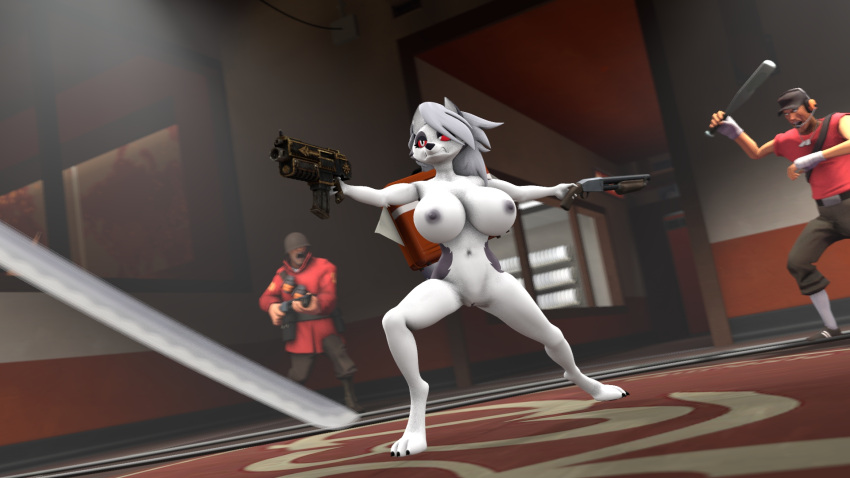 16:9 anthro breasts canid canid_demon canine demon female gun hellhound helluva_boss hi_res human loona_(vivzmind) male mammal nude ranged_weapon red_sclera scout_(team_fortress_2) shotgun soldier_(team_fortress_2) team_fortress_2 valve video_games weapon white_eyes widescreen