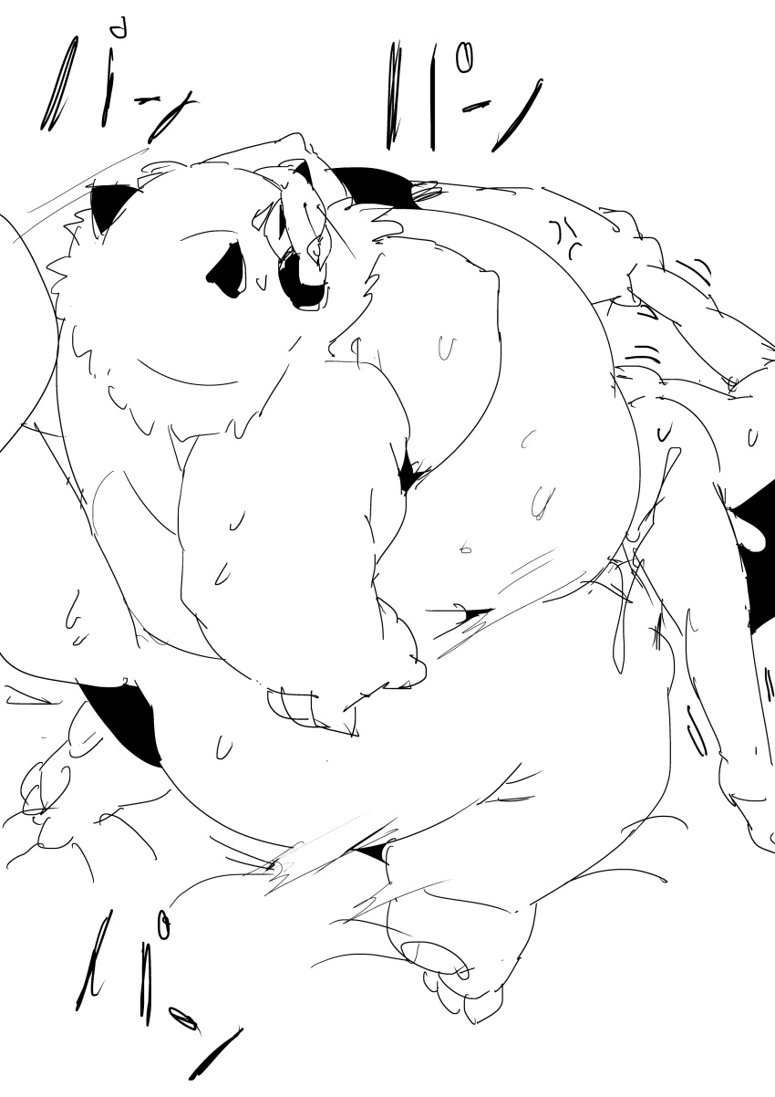 2021 absurd_res anthro belly big_belly bodily_fluids butt canid canine duo genitals hi_res japanese_text kemono male male/male mammal monochrome moobs nipples overweight overweight_male penis raccoon_dog sex sigenoya sketch sweat takotyutyu tanuki text