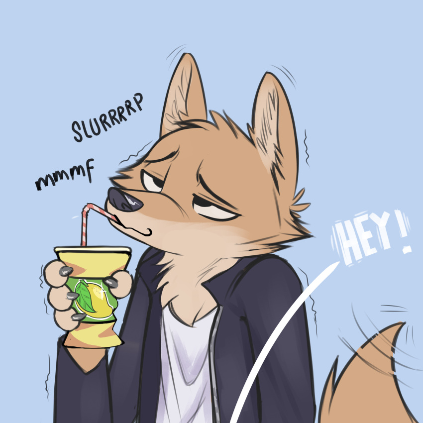 1:1 anthro black_nose blue_background brown_body brown_fur canid canine canis cheek_tuft clothed clothing comic cup digital_media_(artwork) drinking facial_tuft fur head_tuft hi_res holding_cup holding_object jacket juantriforce male mammal neck_tuft ragey red_wolf shirt simple_background solo straw topwear tuft wolf