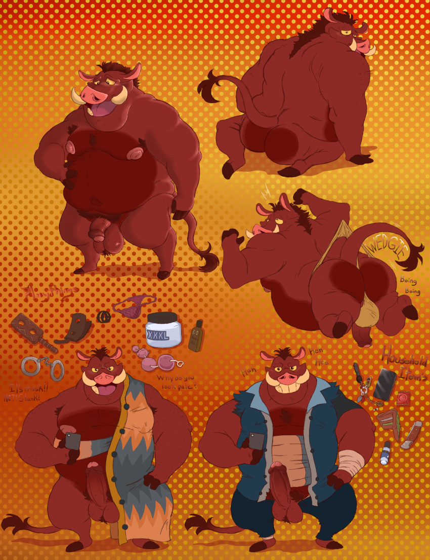 absurd_res anal_beads anthro armpit_hair balls belly body_hair bottomwear brown_body brown_hair butt clothing condom disney erection genitals hair handcuffs haxsmack hi_res male mammal nipples nude overweight overweight_anthro overweight_male pants penis pumbaa sex_toy sexual_barrier_device shackles solo suid suina sus_(pig) the_lion_king thong topwear tusks underwear wild_boar