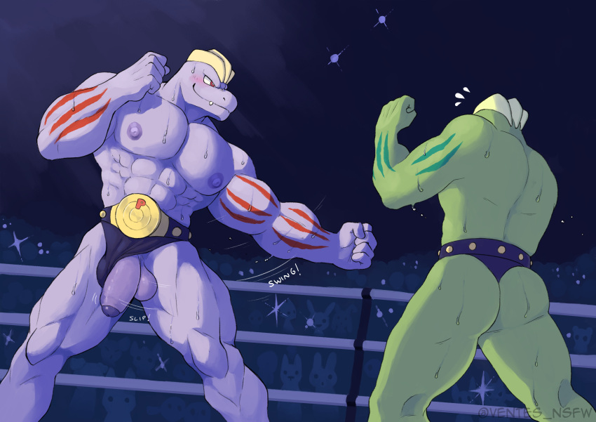abs absurd_res accidental_exposure accidental_nudity audience back_muscles balls belt big_balls big_nipples big_pecs big_penis blush blush_lines bodily_fluids butt camera_flash clothing duo fight fighting_pose fighting_ring fist flaccid flashing foreskin genitals group hi_res humanoid machoke male male/male markings motion_lines muscular muscular_arms muscular_humanoid muscular_legs muscular_male nintendo nipples pecs penis pok&eacute;mon pok&eacute;mon_(species) poking_out pose punch red_markings ring shiny_pok&eacute;mon slipping_out sweat sweaty_butt thick_penis thong uncut underwear ventesthefloof video_games wardrobe_malfunction whoops