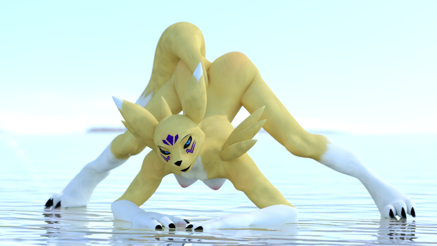 16:9 3d_(artwork) all_fours angry_cat anthro ass_up bandai_namco breasts daz_studio digimon digimon_(species) digital_media_(artwork) female hi_res jack-o'_pose littlefisky looking_at_viewer nude pose smile smiling_at_viewer solo taomon widescreen yellow_body