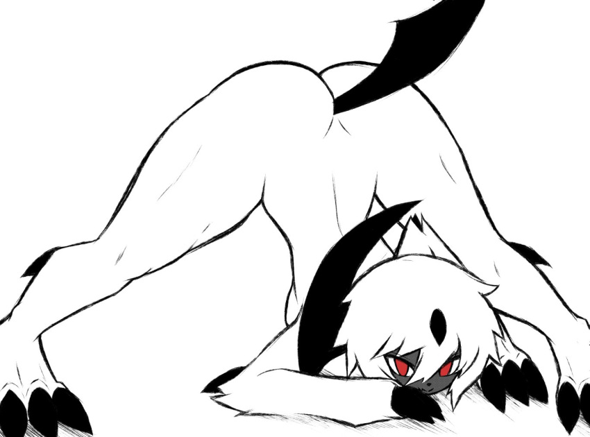 2021 3_fingers 3_toes absol anthro ass_up breasts butt claws digital_media_(artwork) feet female fingers horn icykatsura jack-o'_pose looking_at_viewer monochrome nintendo pok&eacute;mon pok&eacute;mon_(species) pose red_eyes side_boob smile solo thick_thighs toes video_games
