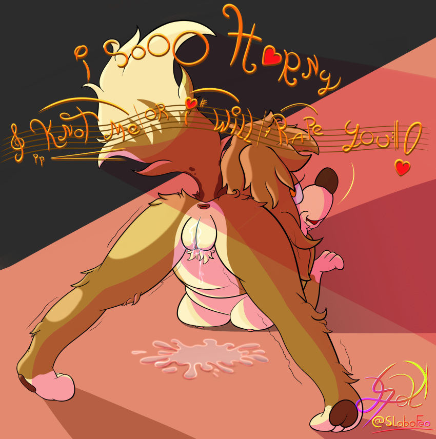 absurd_res anthro arousal bodily_fluids brown_pawpads canid canine canis domestic_dog female genital_fluids hi_res horny_(disambiguation) jack-o'_pose lobofeo mammal mandy_lobofeo pawpads pose pussy_juice raised_tail singing solo