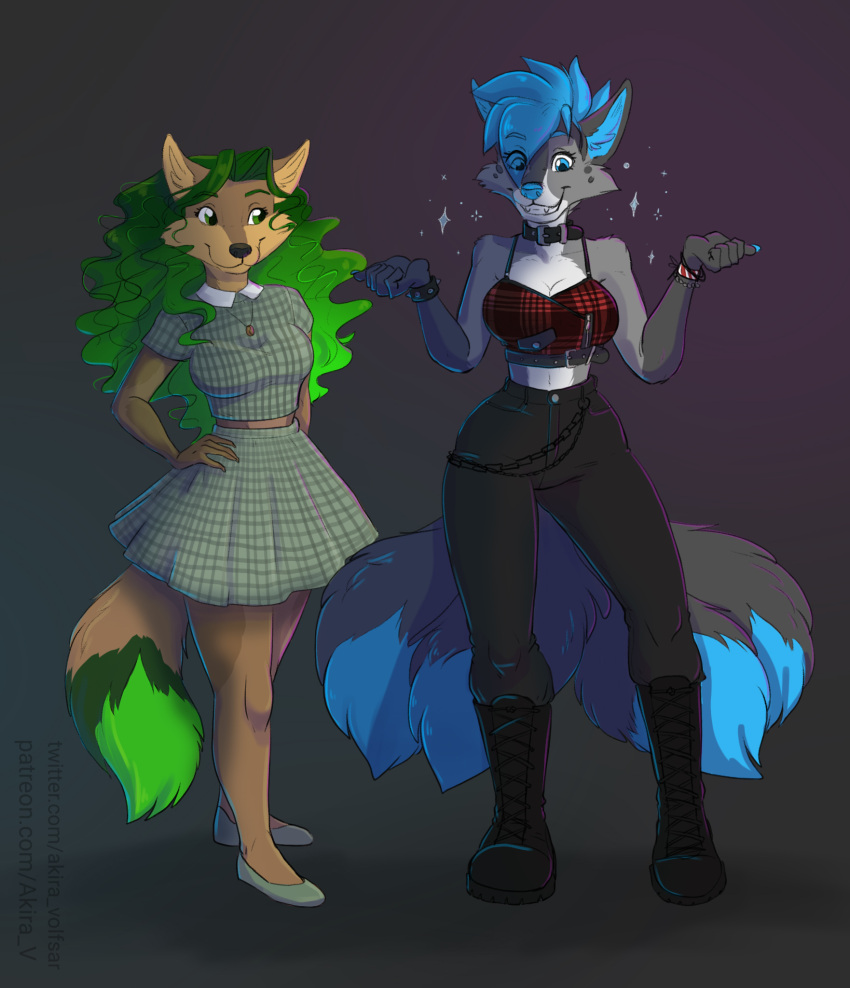 2020 5_fingers akira_volfsar anthro blue_eyes blue_hair blue_nose boots breasts canid canine clothed clothing digital_media_(artwork) duo female fingers footwear fox fully_clothed green_eyes green_hair hair hi_res mammal smile summer_dress wide_hips
