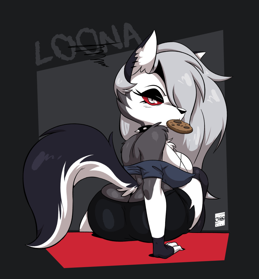 2021 absurd_res anthro big_breasts big_butt breasts butt canid canid_demon clothed clothing cookie demon ear_piercing ear_ring female food hellhound helluva_boss hi_res joaoppereiraus looking_at_viewer looking_back loona_(vivzmind) mammal piercing red_sclera side_boob sitting solo