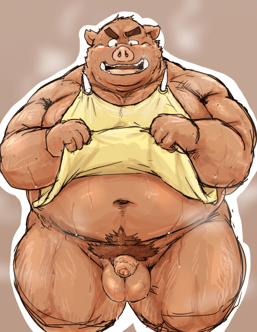 anthro apron armpit_hair belly big_belly blush bodily_fluids body_hair clothing edit hi_res kotobuki male mammal overweight overweight_anthro overweight_male simple_background solo suid suina sus_(pig) sweat uncensored wild_boar