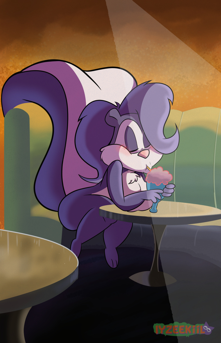 absurd_res anthro blush breasts drinking female fifi_la_fume fur hi_res iyzeekiil mammal mephitid nude purple_body purple_fur sitting skunk solo tiny_toon_adventures warner_brothers