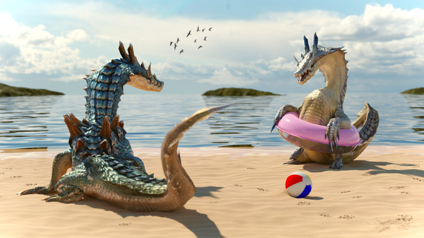 16:9 2021 3d_(artwork) 4k absurd_res ambiguous_gender ball beach beach_ball blender_(software) blue_body capcom claws cloud day detailed_background digital_media_(artwork) duo eye_contact feral hi_res horn inflatable inner_tube ivory_lagiacrus ivorylagiacrus lagiacrus leviathan_(mh) looking_at_another monster_hunter open_mouth outside pool_toy sand scales scalie seaside sharp_claws sky teeth video_games water white_body white_scales widescreen