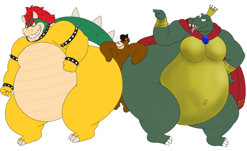 anthro armband ass_to_ass belly between_butts big_belly bowser bracelet brown_body brown_fur cape cinna_(megacoolbear) clothing collar crocodile crocodilian crocodylid crown donkey_kong_(series) fur green_body group hair hi_res jewelry king_k._rool koopa kremling male male/male mammal mario_bros megacoolbear_(artist) nintendo obese obese_anthro obese_male overweight overweight_anthro overweight_male red_hair reptile scalie shell simple_background size_difference spiked_armband spiked_bracelet spiked_collar spiked_shell spikes spikes_(anatomy) teeth ursid video_games white_background yellow_body