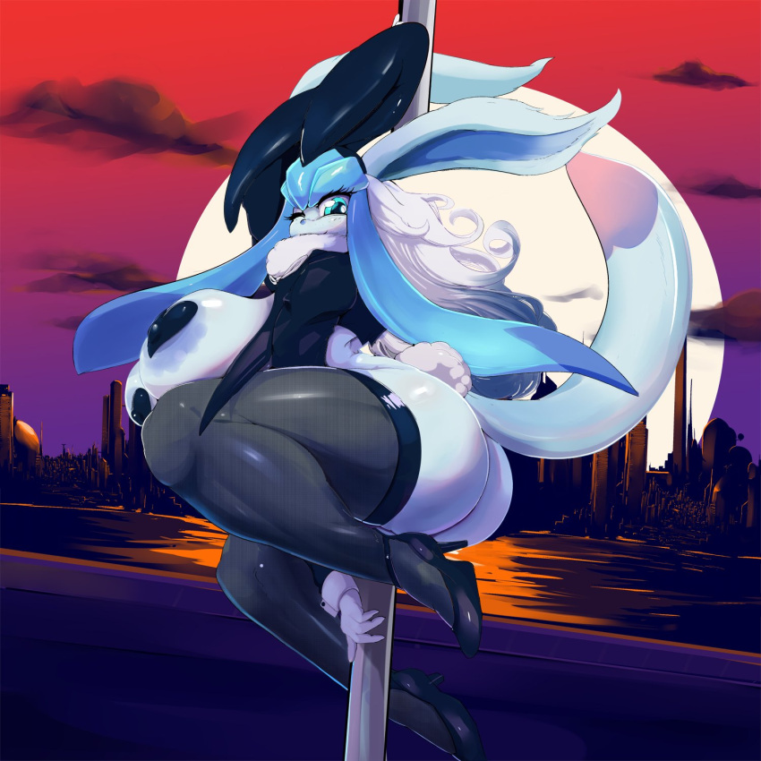 1:1 anthro areola big_breasts big_butt blue_body breasts butt clothing dancing eeveelution female glaceon hi_res high_heels hurikata legwear nintendo pasties pok&eacute;mon pok&eacute;mon_(species) pole pole_dancing solo thigh_highs video_games