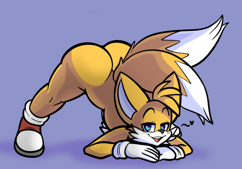 &lt;3 18 2_tails anthro ass_up big_butt blue_eyes butt canid canine clothing dipstick_tail footwear fox fur gloves handwear hi_res jack-o'_pose male mammal meme miles_prower mostly_nude multi_tail multicolored_tail pose sega shoes simple_background solo sonic_the_hedgehog_(series) taillove_(artist) wide_hips yellow_body yellow_fur