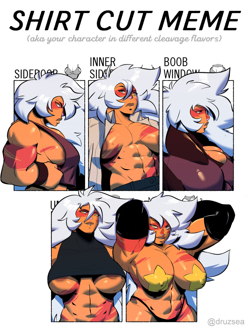 abs absurd_res alien alien_humanoid big_breasts breasts cartoon_network clothed clothing english_text female gem_(species) hair hi_res humanoid jasper_(steven_universe) jayecho muscular muscular_female not_furry orange_body orange_skin shirt_cut_meme solo steven_universe text white_hair