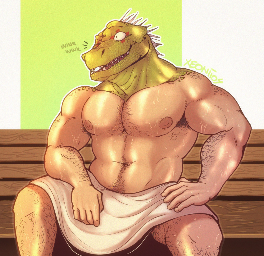 animal_head arm_hair armpit_hair body_hair chest_hair dorohedoro for_a_head hi_res humanoid kaiman kaiman_(dorohedoro) male muscular muscular_humanoid muscular_male navel nipples nude one_eye_closed pecs scalie sitting solo towel towel_only wet wink xeoniios