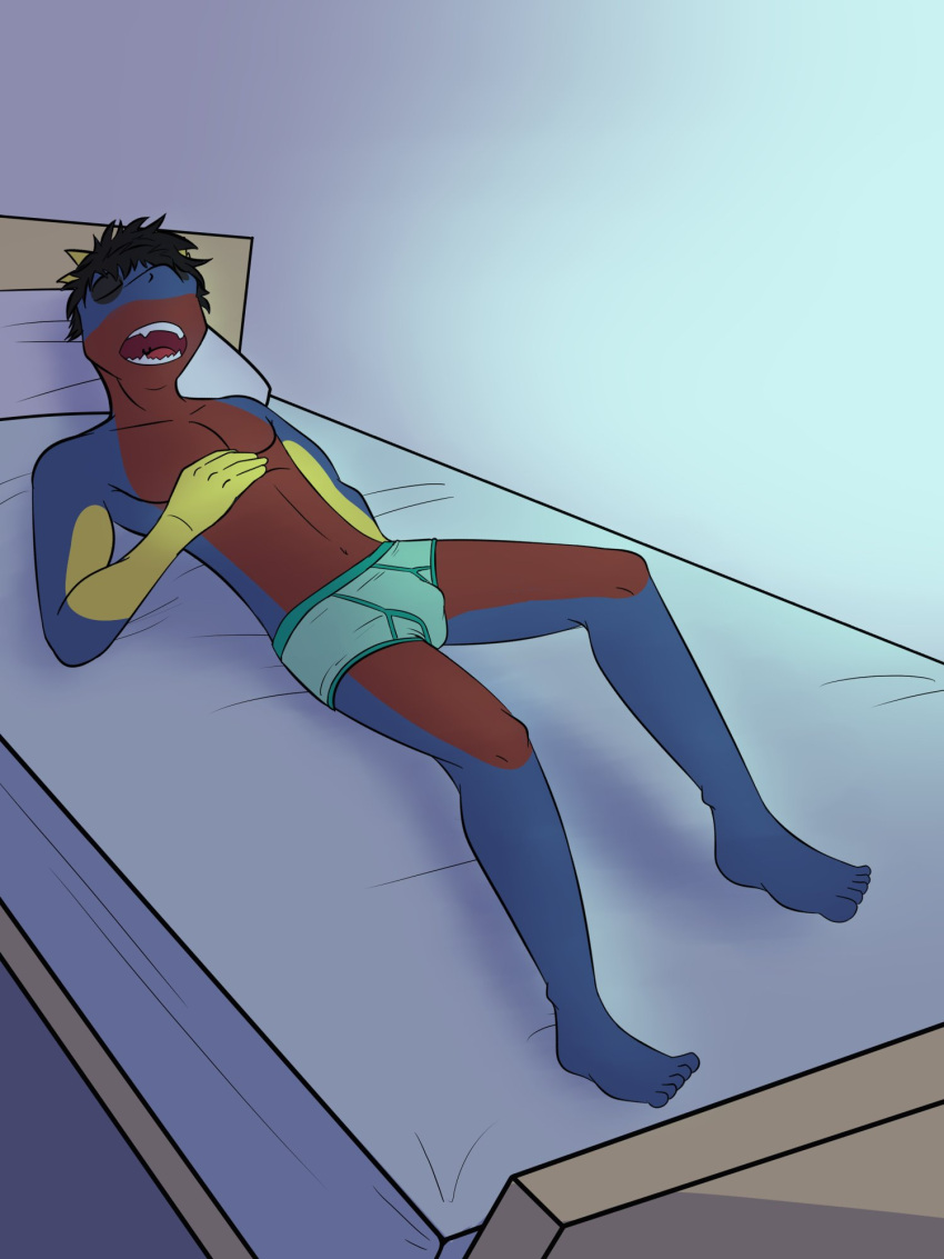 3:4 anthro anthrofied bed briefs bulge carvanha clothed clothing furniture fuze hi_res lying male nintendo on_back on_bed pok&eacute;mon pok&eacute;mon_(species) pok&eacute;morph sleeping solo topless underwear underwear_only video_games