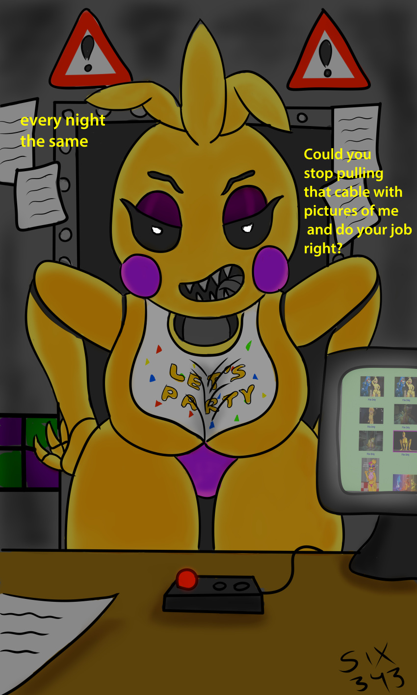 ! 2021 ? absurd_res animatronic anthro avian bib black_sclera black_text_border breasts button_(disambiguation) checkered_wall clothing computer desk dialogue dialogue_box english_text eyebrows eyelashes female five_nights_at_freddy's five_nights_at_freddy's_2 furniture hands_on_hips hi_res looking_at_viewer machine metal_tongue open_mouth paper pornography purple_clothing purple_underwear red_button robot sharp_teeth six343 solo teeth text tongue toy_chica_(fnaf) underwear upset video_games warning_sign white_eyes yellow_body yellow_text