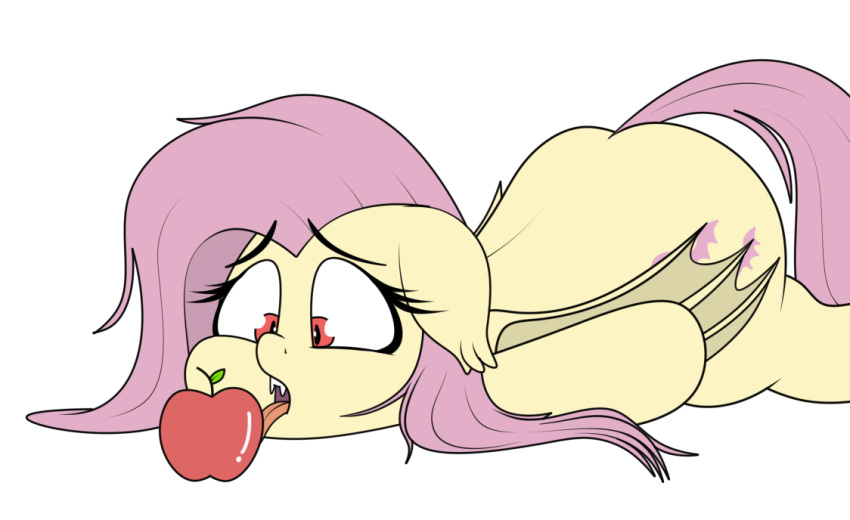 airsicksubset apple apple_(fruit) bat_pony bat_wings butt cutie_mark equid equine female feral flutterbat_(mlp) fluttershy_(mlp) food friendship_is_magic fruit fur hair hasbro licking lying mammal membrane_(anatomy) membranous_wings my_little_pony on_front pink_hair plant red_eyes solo tongue tongue_out wings yellow_body