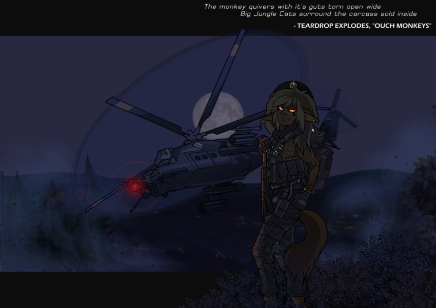 aircraft aleone alyph_ironclaws animal_humanoid armored_vest athletic backpack barefoot beret bodypaint bottomwear bulletproof_vest camo canid canid_humanoid canine canine_humanoid cargo_pants clothing dark_body dark_skin detailed_background ear_piercing ear_ring english_text evening feet female fire forest grass gun gunship hat headgear headwear helicopter hill humanoid humanoid_pointy_ears jackal_humanoid jewelry leave looking_at_viewer mammal mammal_humanoid mi24 military mp5 muscular necklace outside pants piercing plant ranged_weapon road shrub sky smile smoke solo standing submachine_gun tactical_gloves text town tree weapon