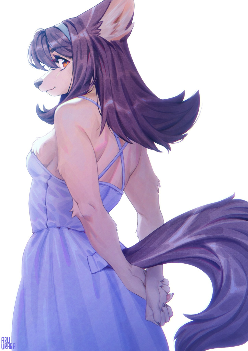 accessory amber_eyes anthro aruurara black_hair black_tail blue_clothing blue_dress breasts butt_pose canid canine canis clothed clothing domestic_dog dress female fluffy fur furgonomics glance hair hair_accessory hairband hands_behind_back hi_res kemono looking_at_viewer looking_back mammal medium_length_hair pose shoulder_blades side_boob slight_smile solo tan_body tan_fur