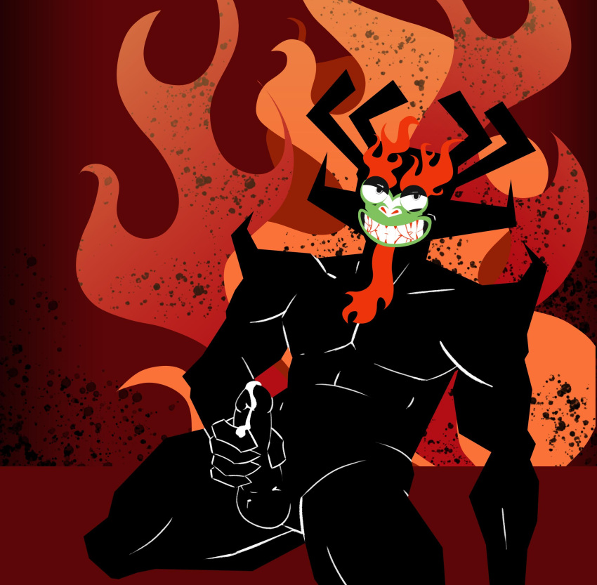 aku balls bodily_fluids cum demon erection facial_hair fire genital_fluids genitals goatee grin hi_res humanoid humanoid_genitalia humanoid_penis looking_at_viewer loveabigbot male masturbation muscular penile penile_masturbation penis samurai_jack smile solo