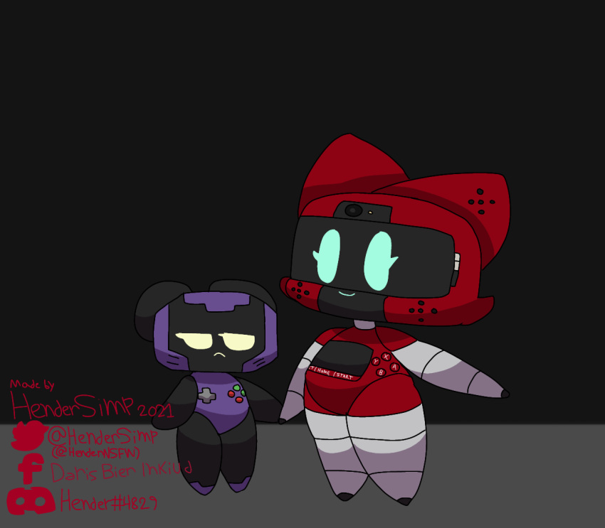 android anthro blue_eyes clothed clothing duo felid feline female gameboy_advance hand_holding happy hendersimp looking_away machine mammal metallic_body nintendo nintendo_3ds nintendo_ds_family red_body red_skin robot simple_background size_difference smaller_female video_games watermark yellow_eyes