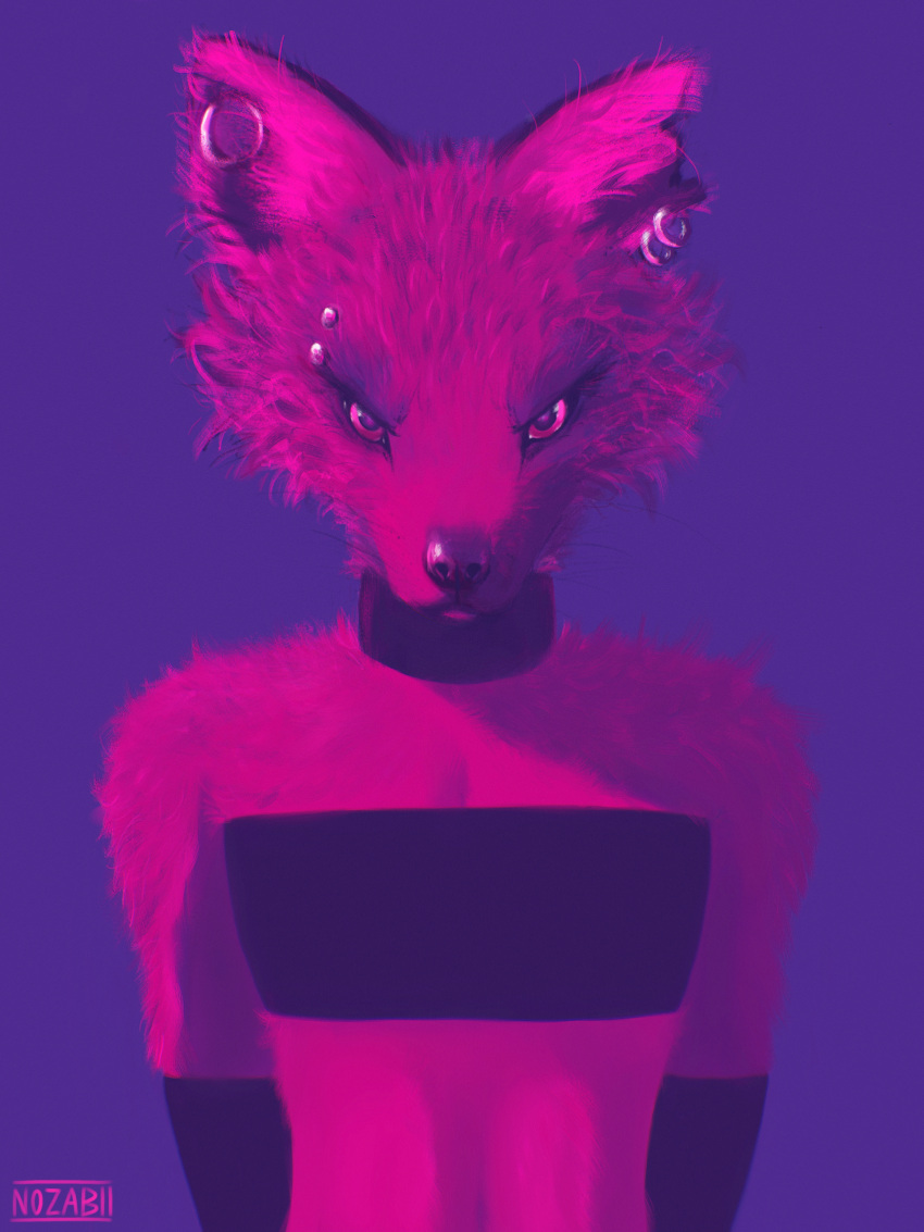 3:4 absurd_res ambiguous_gender anthro canid canine clothed clothing collar digital_media_(artwork) ear_piercing flat_chested fox fur hi_res invalid_tag looking_at_viewer mammal nozabii piercing simple_background sleeves solo topwear tube_top