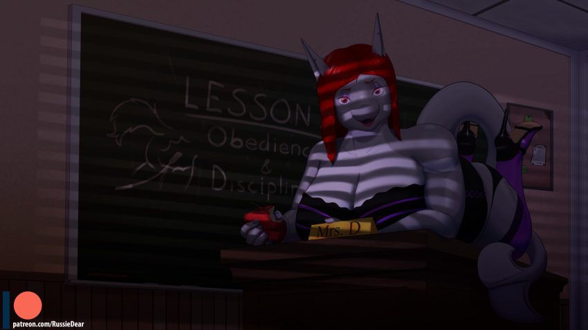16:9 anthro apple_(fruit) big_breasts breasts chalkboard classroom cleavage clothed clothing dr_zombie female fish grey_body grey_skin hair hi_res high_heels legwear looking_at_viewer lying marine on_front overweight patreon red_hair samantha_diletto school shark solo stockings text url widescreen