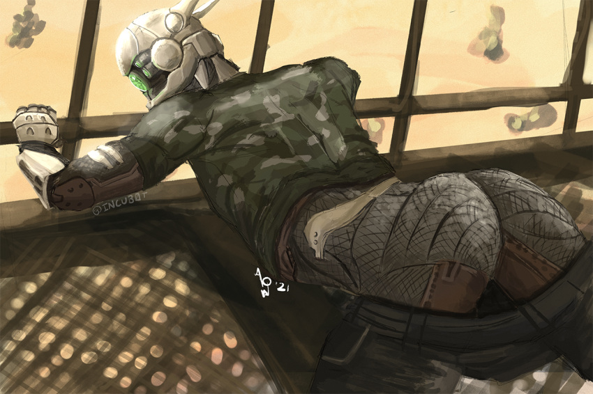 appleseed bottomwear briareos butt camo camo_clothing camo_print camo_topwear clothed clothing cybernetics cyborg detailed_background digital_media_(artwork) grey_body humanoid incub0t looking_back lying machine male not_furry pants_down partially_clothed pattern_clothing pattern_topwear presenting presenting_hindquarters robot robot_humanoid shirt solo topwear