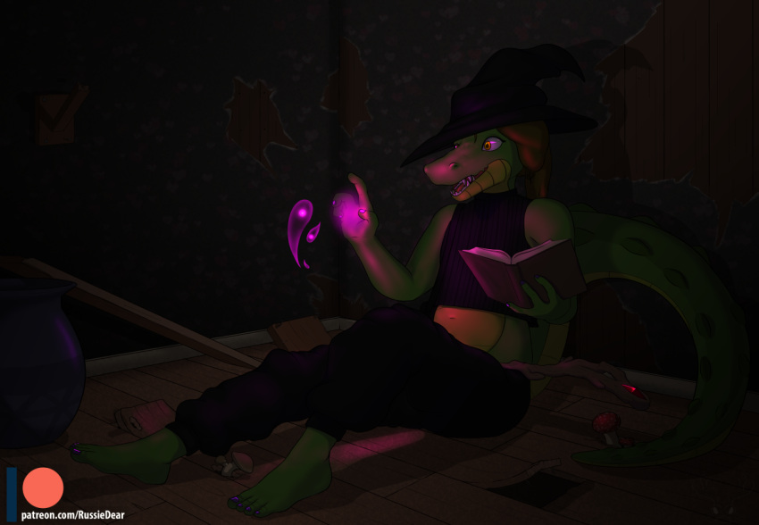 alligator alligatorid anthro baggy_pants book brown_hair clothing colored_nails crocodilian dr_zombie feet floorboards fungus glowing_orb green_body green_skin hair hat headgear headwear magic male mushroom nails reptile russie scalie solo staff teeth text url witch_hat witchcraft yellow_eyes