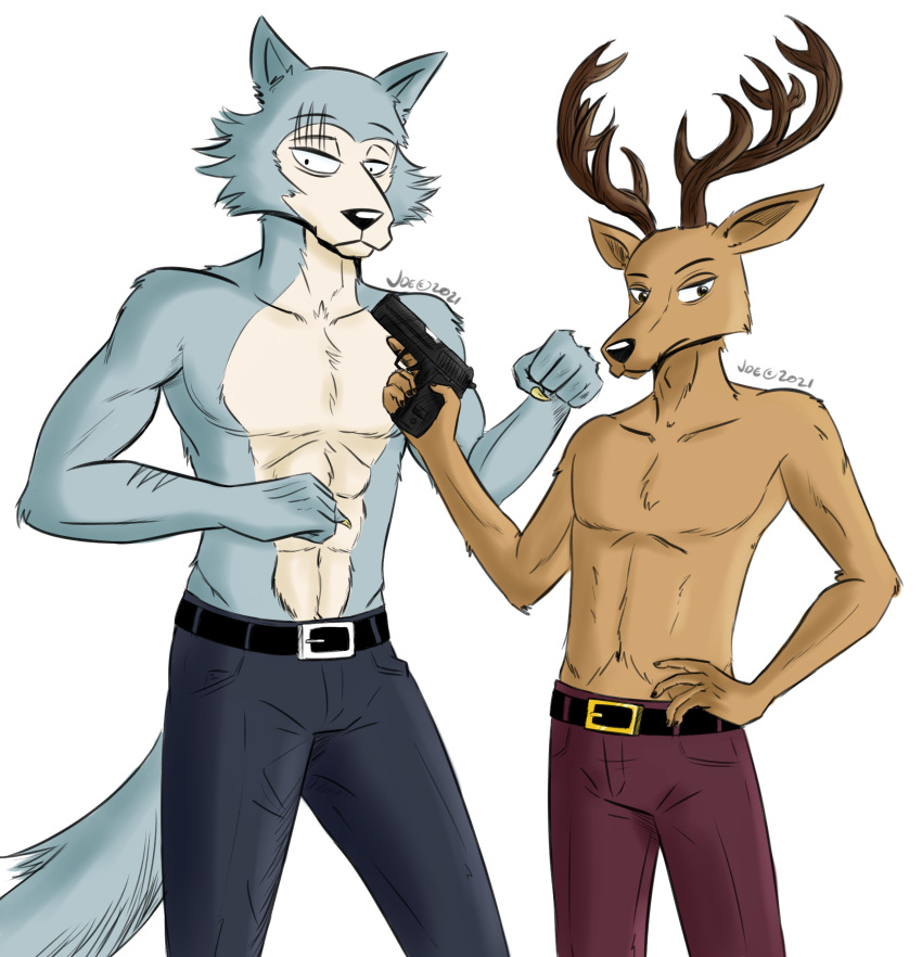 2021 5_fingers abs absurd_res anthro antlers arm_scar athletic athletic_anthro athletic_male beastars belt black_nose bottomwear brown_body brown_fur canid canine canis cervid cervine claws clothed clothing countershade_face countershade_torso countershading digital_media_(artwork) duo eye_scar facial_scar finger_claws fingers fur grey_body grey_fur gun hand_on_hip hand_on_own_hip handgun hi_res holding_gun holding_handgun holding_object holding_pistol holding_weapon horn humanoid_hands jde10 legoshi_(beastars) looking_at_viewer louis_(beastars) male mammal multicolored_body multicolored_fur navel pants pistol ranged_weapon red_deer scar signature simple_background standing tan_body tan_countershading tan_fur topless topless_male trigger_discipline two_tone_body two_tone_fur weapon white_background wolf