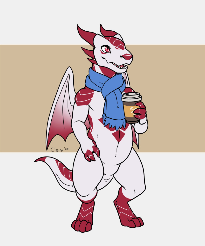 anthro beverage blue_scarf coffee dragon hi_res horn male nameless00 red_eyes red_horn scalie scarf solo standing white_body