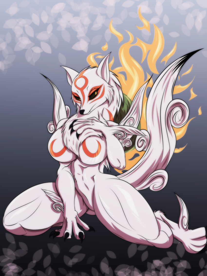 2021 absurd_res amaterasu anthro arskatheman big_breasts black_sclera breasts canid canine canis capcom claws deity featureless_breasts featureless_crotch female front_view full-length_portrait fur hi_res kneeling looking_aside mammal nude portrait solo video_games white_body white_fur wide_hips wolf ōkami