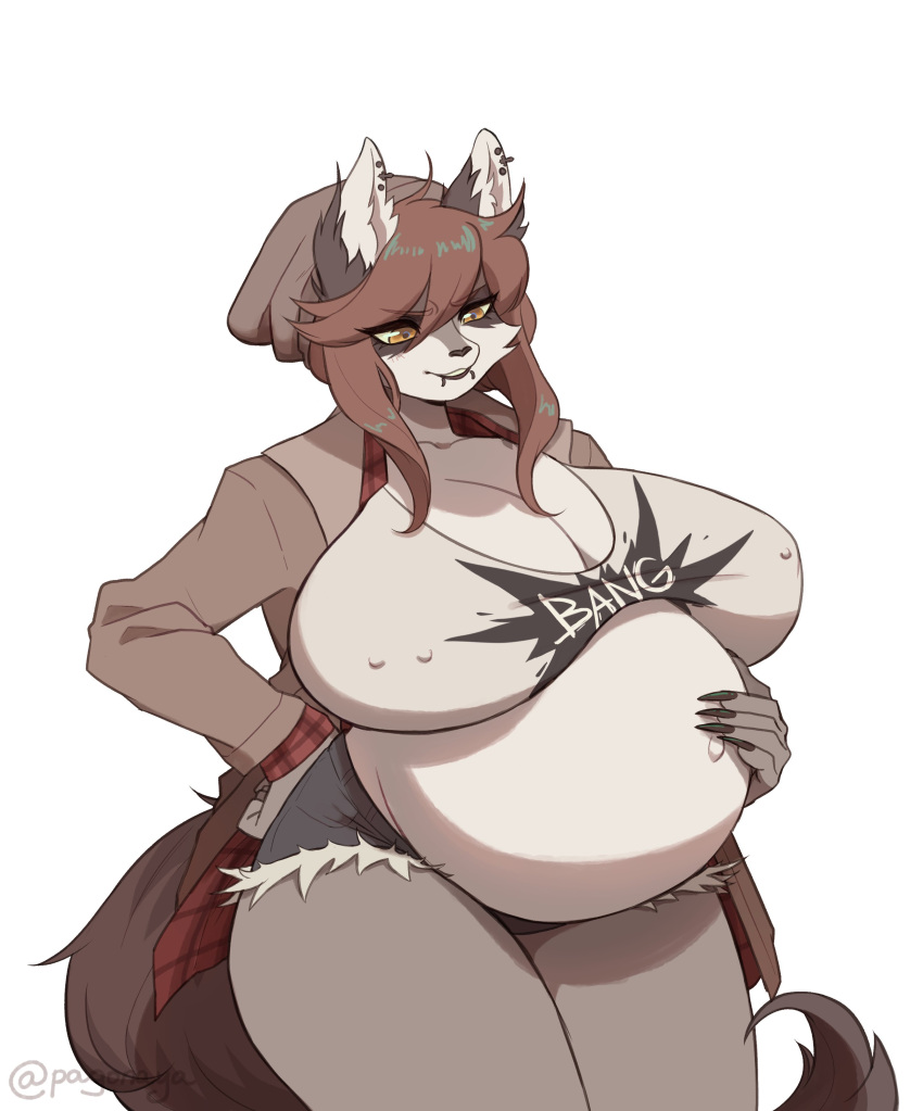 absurd_res anthro belly big_belly big_breasts breasts female hand_on_stomach hi_res huge_breasts mammal nipple_piercing nipples pagonaya piercing pregnant procyonid raccoon solo thick_thighs wide_hips