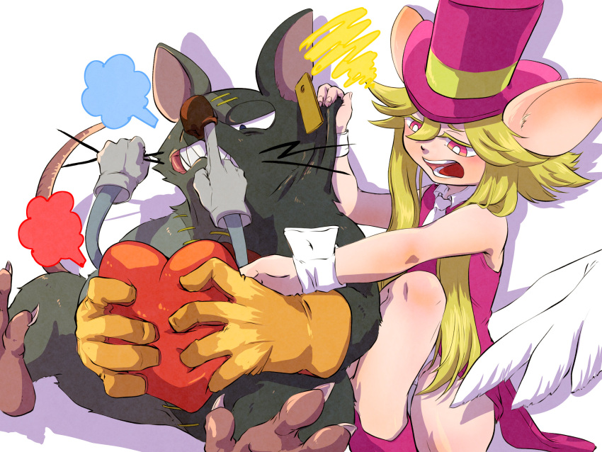 &lt;3 4:3 anthro blonde_hair clothing ear_tag female gloves group hair handwear hat headgear headwear heart_(mad_rat_dead) hi_res iro_gomasio mad_rat_(character) mad_rat_dead male mammal murid murine picking_nose rat rat_god_(mad_rat_dead) rodent toony top_hat wings