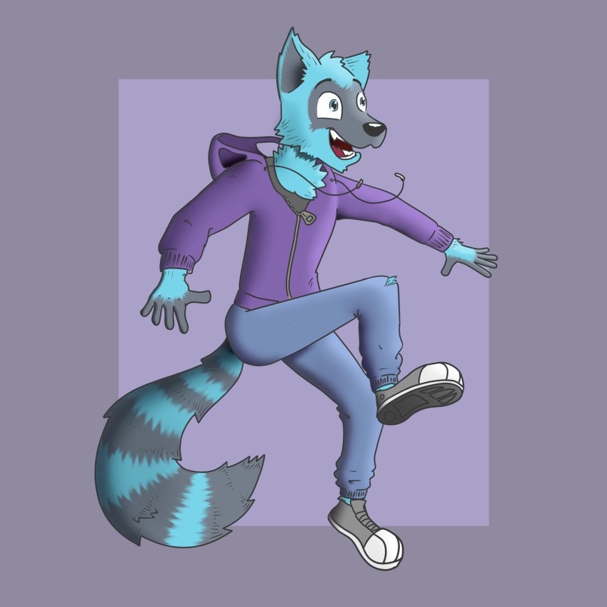 1:1 anthro blue_body blue_eyes blue_fur bottomwear canid canine canis clothed clothing footwear fur grey_body grey_fur hi_res hoodie hybrid jumping male mammal open_mouth pants purple_clothing raccoon_dog shoes simple_background smile sneakers solo sweatpants tooundone topwear wolf zipper