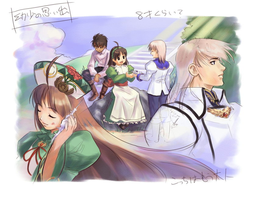 2boys :d ahoge atelier_(series) atelier_viorate bartholomaus_platane blush brown_hair closed_eyes cloud dress flower hairband hat holding light_beam long_hair long_sleeves multiple_boys number open_mouth ouse_kohime pants profile ribbon rock rodefried_santar seashell shell shirt short_hair sitting sketch smile standing translation_request viorate_platane younger